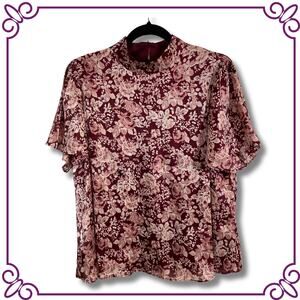 LC Lauren Conrad High Neck Flutter Short Sleeves Floral Silky Satin Blouse XL